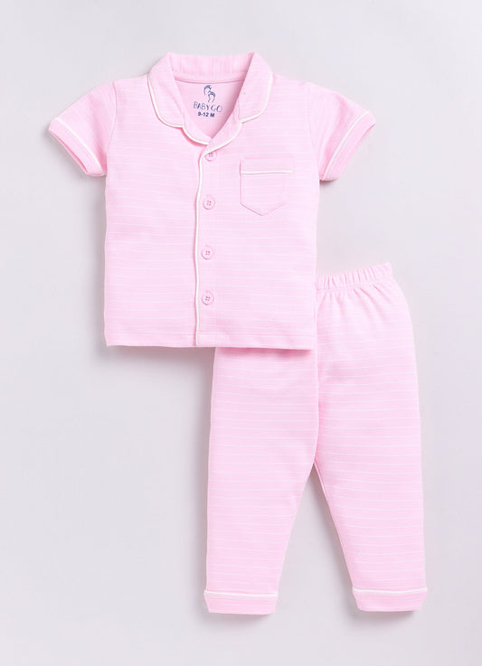 Stripped Baby Girl Half Sleeves Night Suit-PINK