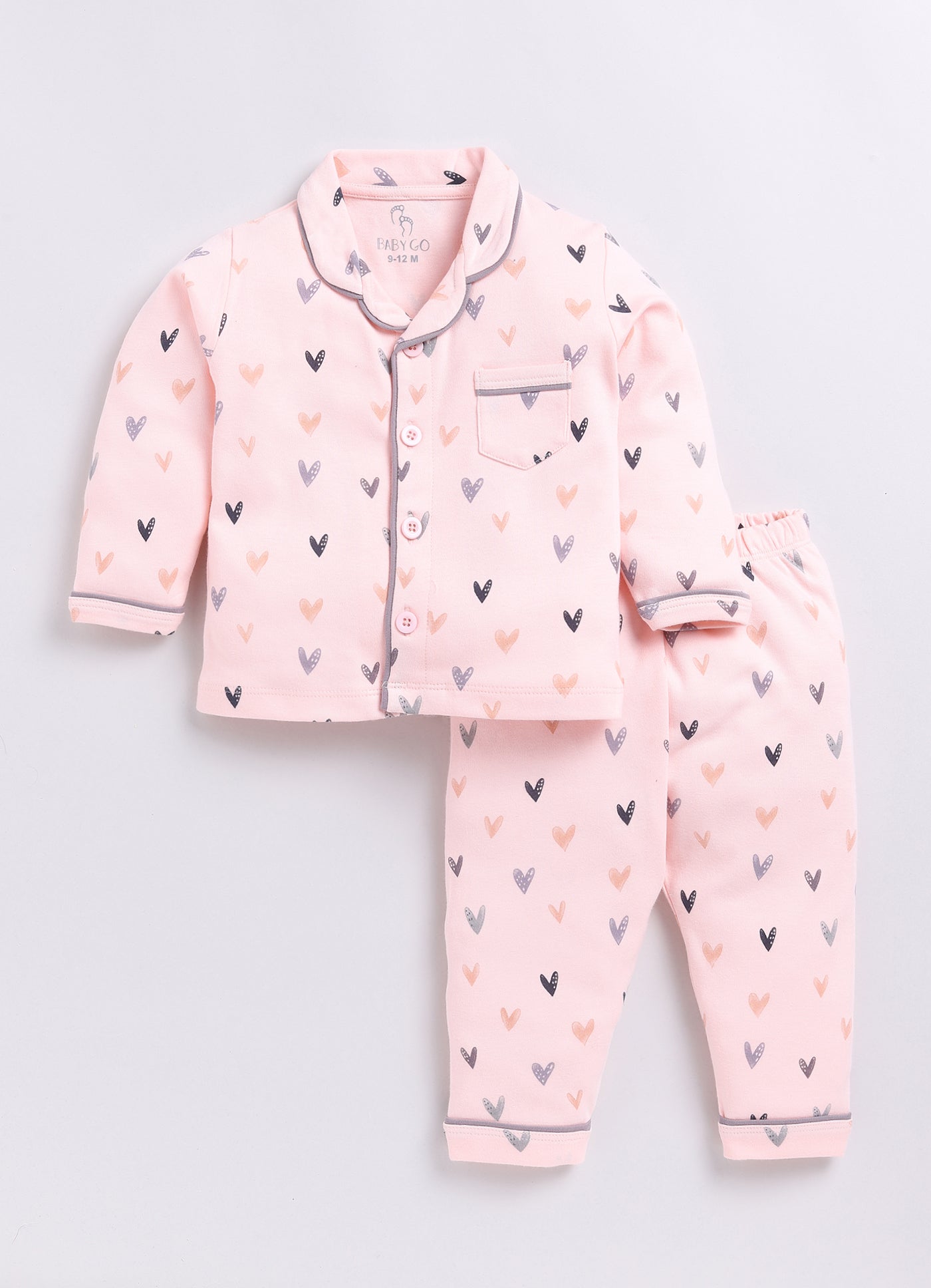 Baby Girl Heart Print Full Sleeve Night Suit-BEIGE