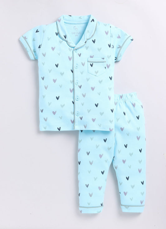 Heart Printed Half Sleeves Baby Girl Night Suit-BLUE