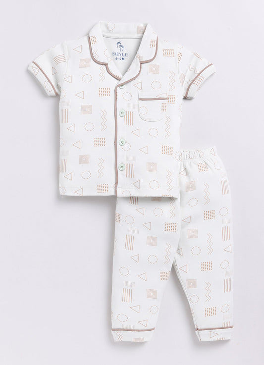 Baby Boy Cute & Comfy Half Sleeves Night Suit-OFF WHITE