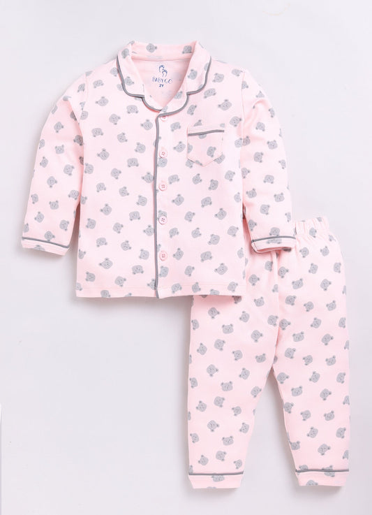 Bear Printed Baby Girl Night Suit-Peach