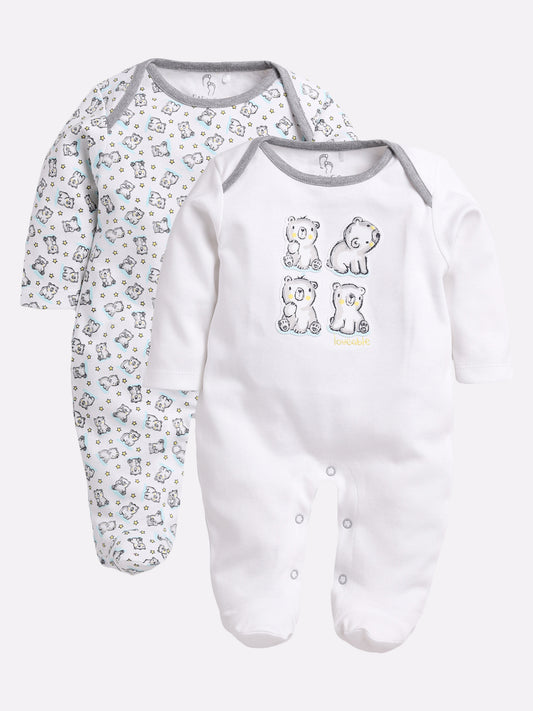 Pack of 2, Full Sleeve Footed Romper/Sleepsuit for Baby Girls- WHITE