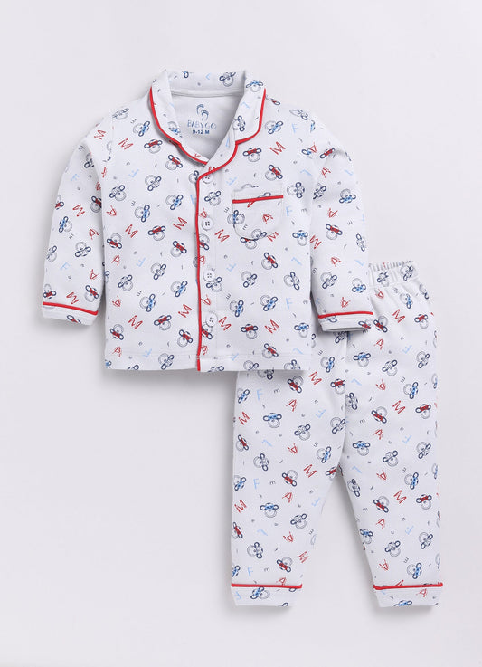 Fun Printed Baby Boy Night Suit-WHITE