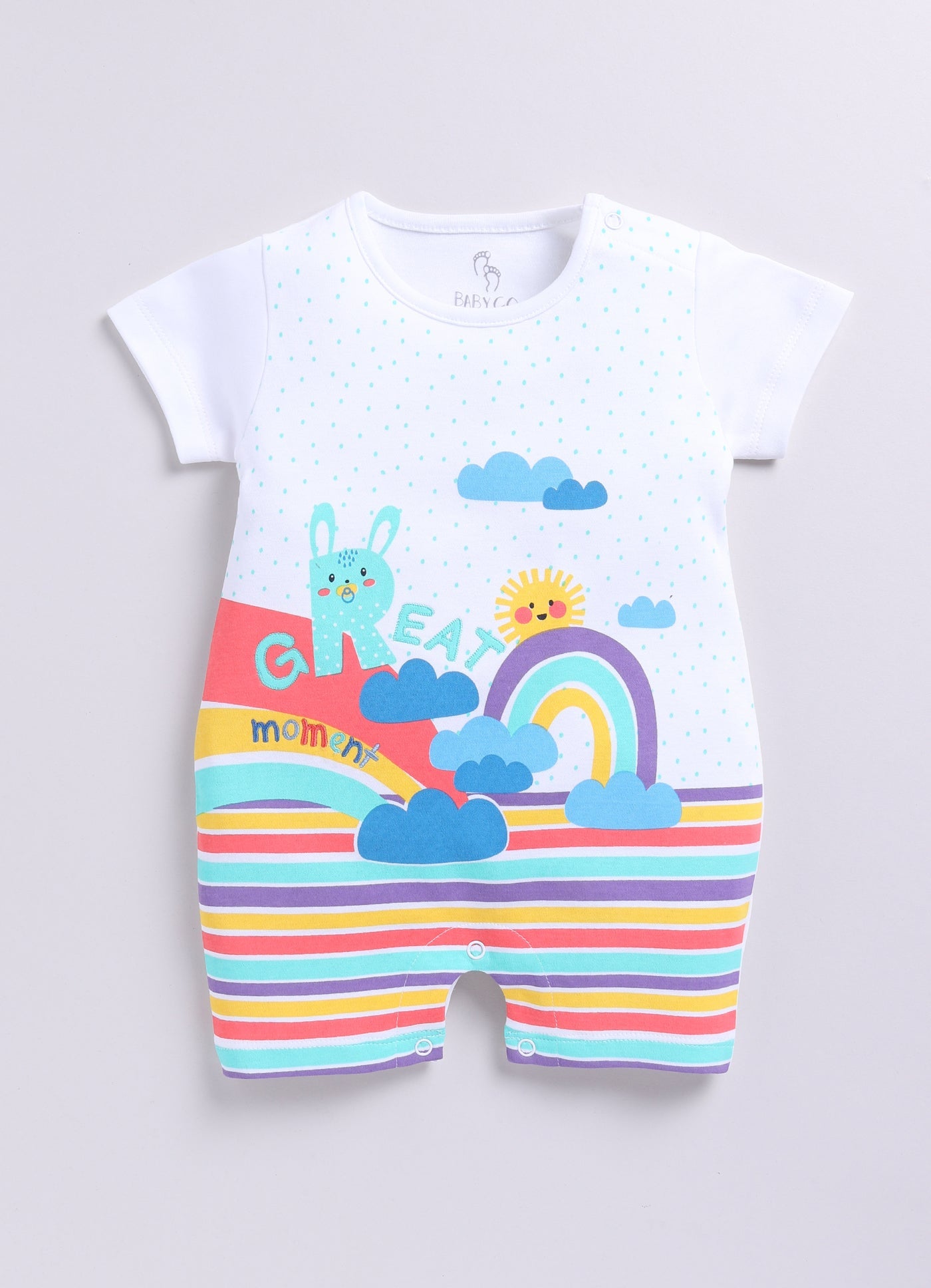 Baby  Boy Great Moment Rainbow & Bunny Summer Romper-WHITE