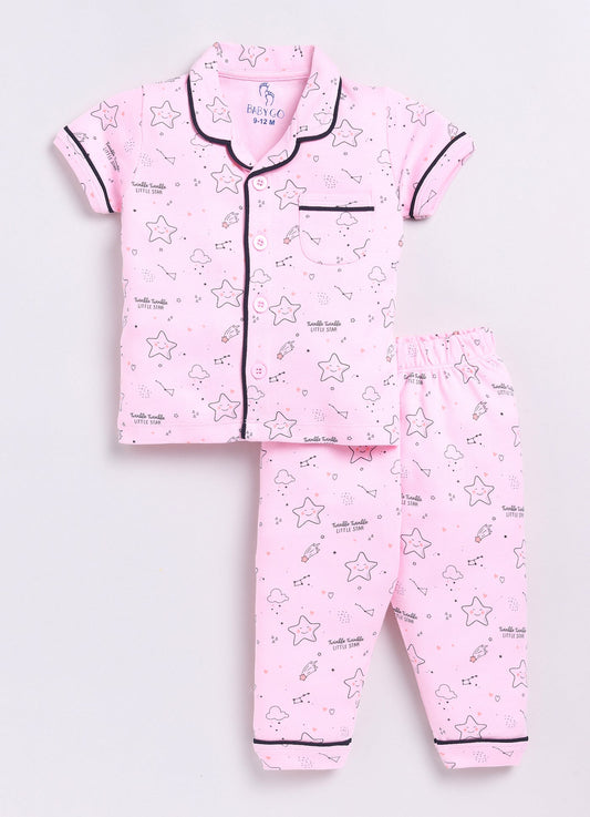 Baby Girl Cute Stars Half Sleeves Night Suit-PINK