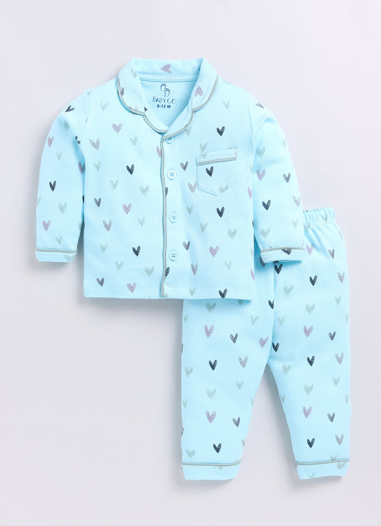 Baby Girl Heart Print Full Sleeve Night Suit-BLUE