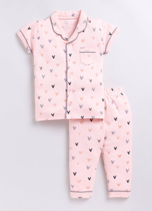 Heart Printed Half Sleeves Baby Girl Night Suit-BEIGE