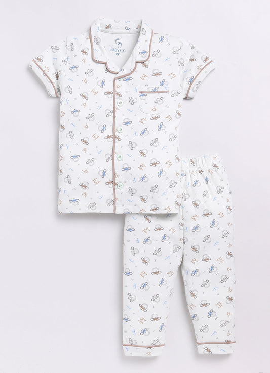 Funky Monkey Printed Baby Boy Half Sleeves Night Suit-WHITE