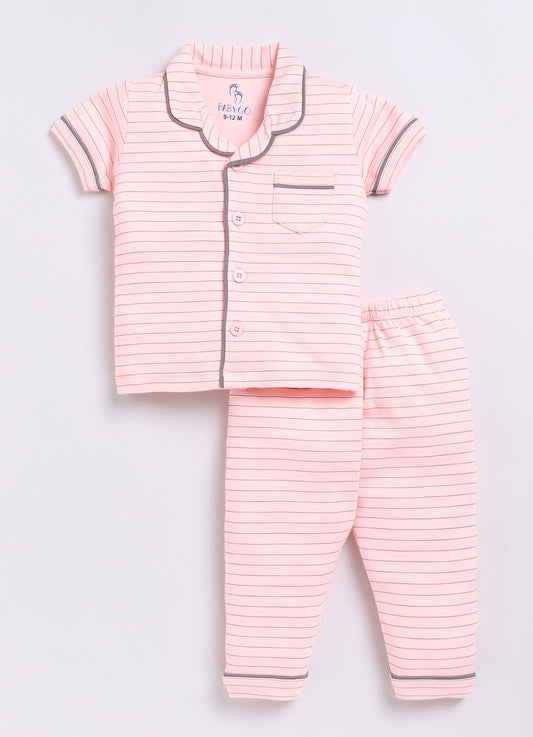 Stripped Baby Girl Half Sleeves Night Suit-PEACH