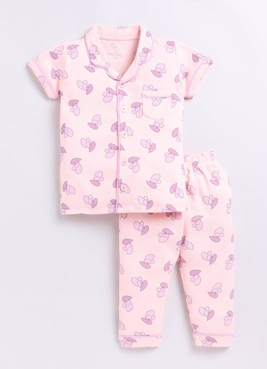 Cute Heart Baby Girl Half Sleeves Night Suit-PEACH