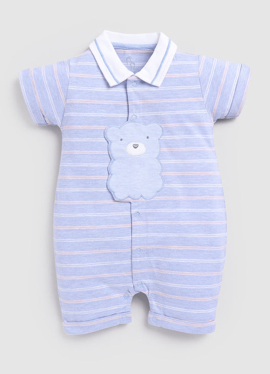 Striped Bear printed Baby Boy Romper-Royal Blue