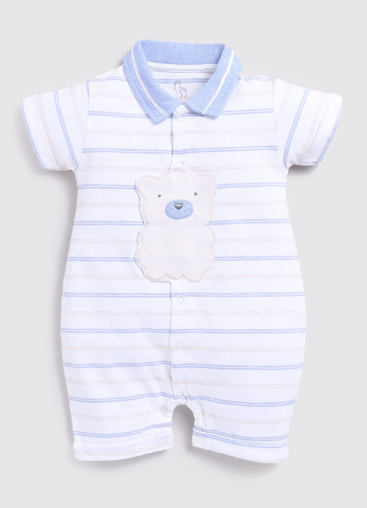 Striped Bear printed Baby Boy Romper-Royal White