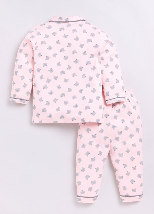 Bear Printed Baby Girl Night Suit-Peach