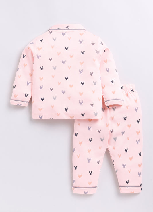 Baby Girl Heart Print Full Sleeve Night Suit-BEIGE