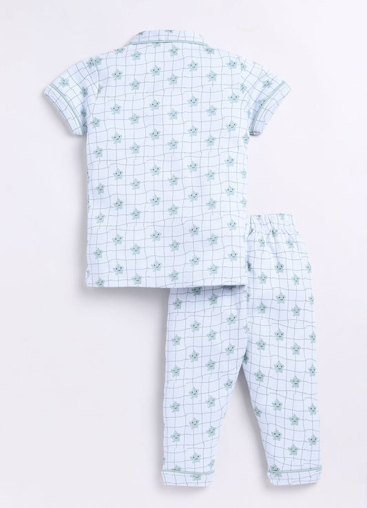 Baby Star Printed Half Sleeves Boy Night Suit-OLIVE