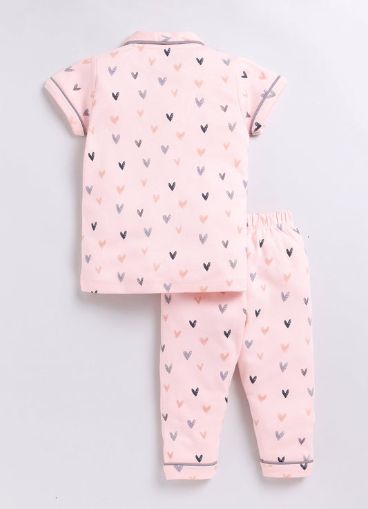 Heart Printed Half Sleeves Baby Girl Night Suit-BEIGE