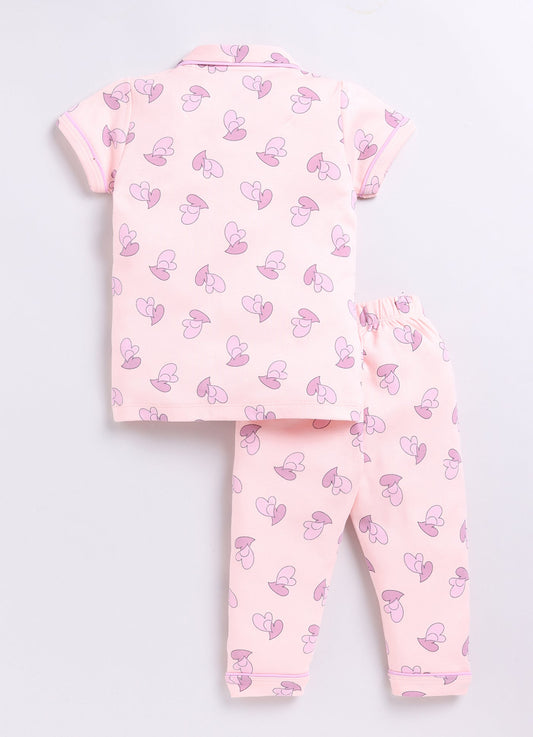 Cute Heart Baby Girl Half Sleeves Night Suit-PEACH