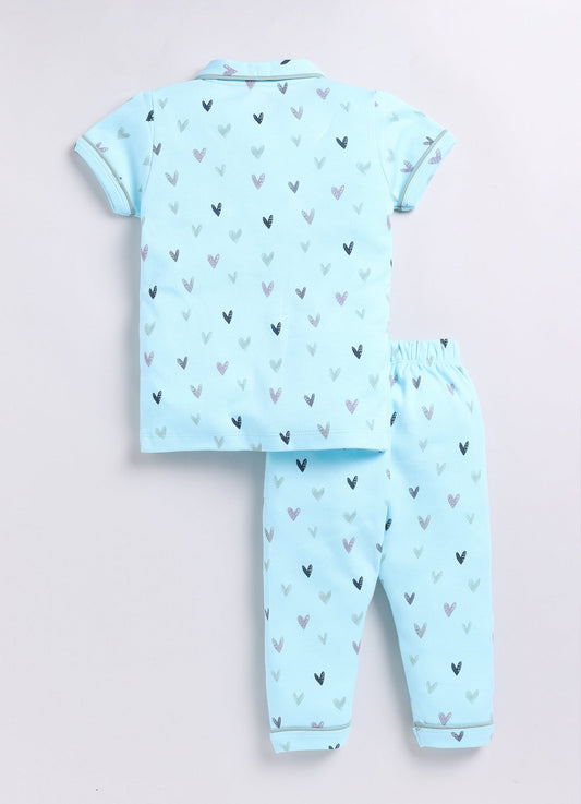 Heart Printed Half Sleeves Baby Girl Night Suit-BLUE