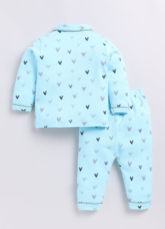 Baby Girl Heart Print Full Sleeve Night Suit-BLUE