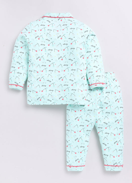 Cherry Printed Baby Girl Night Suit-LIGHT GREEN