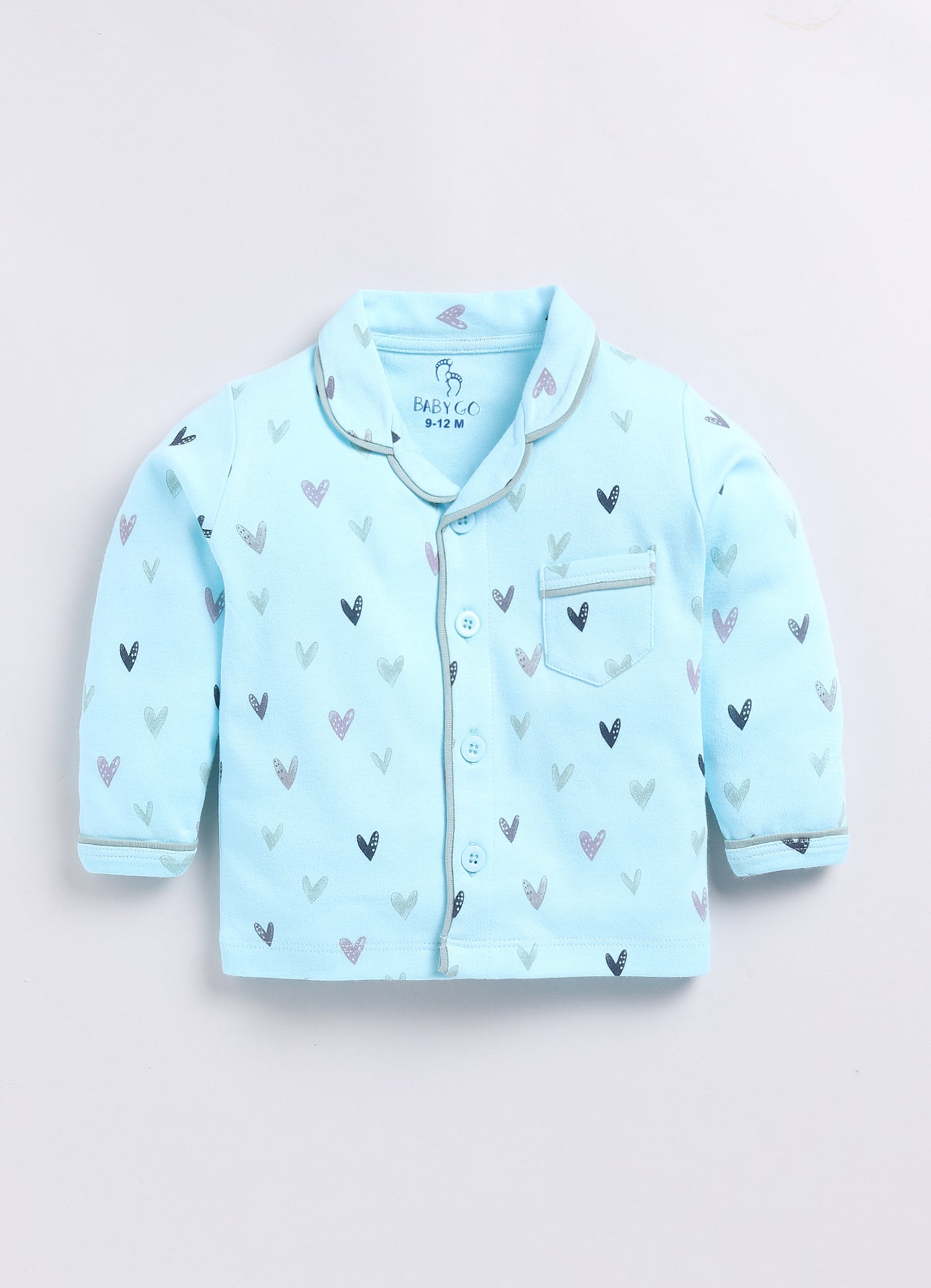 Baby Girl Heart Print Full Sleeve Night Suit-BLUE