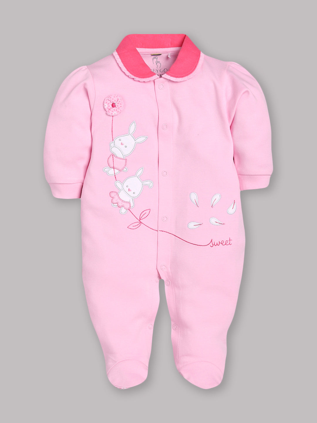 BABY GO 100% Pure Cotton Full Sleeves Rompers/Bodysuit/Sleepsuit for Baby Girl-PINK