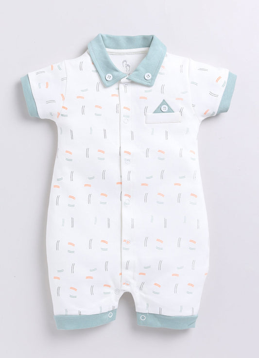 Printed Half Sleeve Baby Boy Romper-White