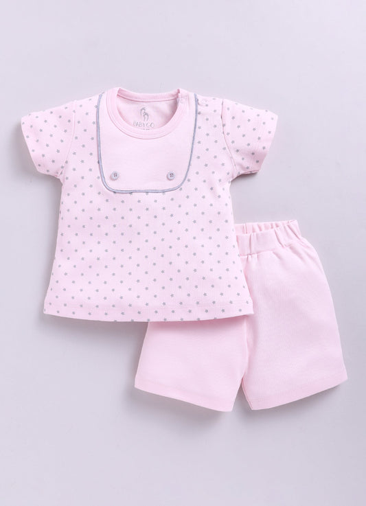 Baby Girl Printed Half Sleeve Top & Short Set-Pink