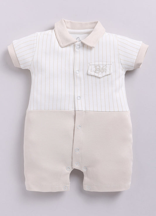 Half Sleeve Striped Baby Boy Romper-Beige