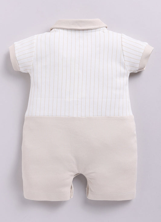 Half Sleeve Striped Baby Boy Romper-Beige