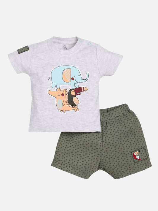 Animal printed T-Shirt Shorts set for Baby Boy-OLIVE