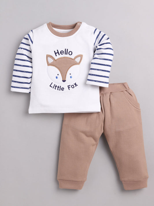 Little Fox printed casual T-Shirt Pyjama set-BEIGE