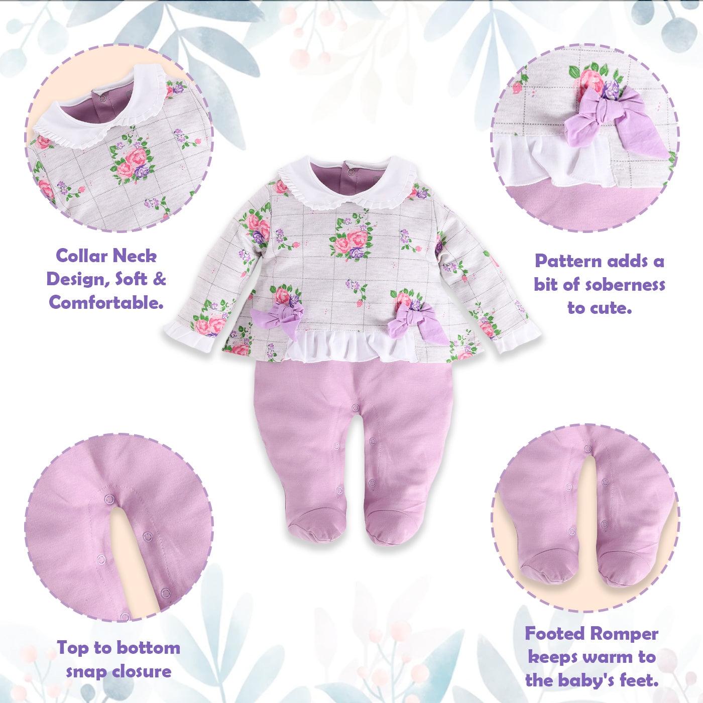 Floral printed Romper for baby girl- MAUVE